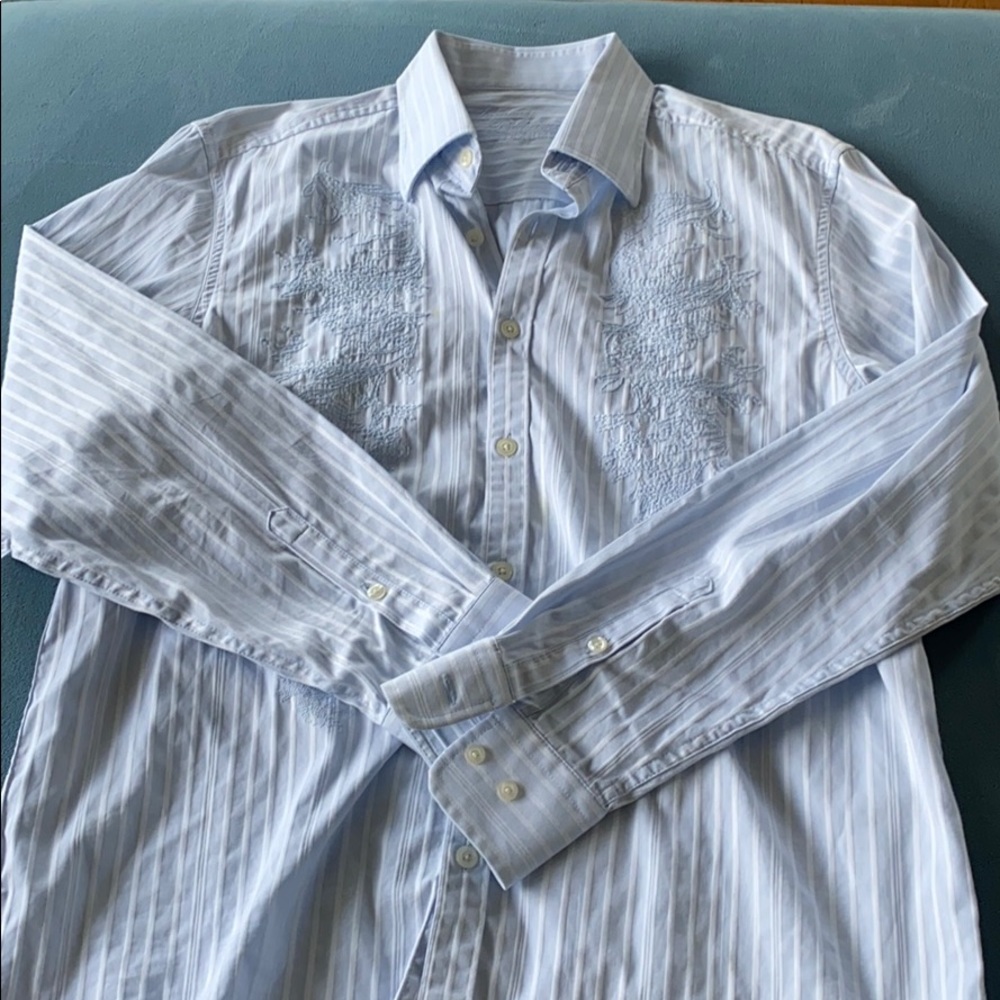 Tommy Bahama shirt blue pin stripe with design